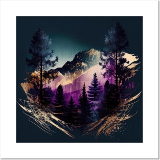 Metallic Purple and Navy Mountains and Trees Posters and Art